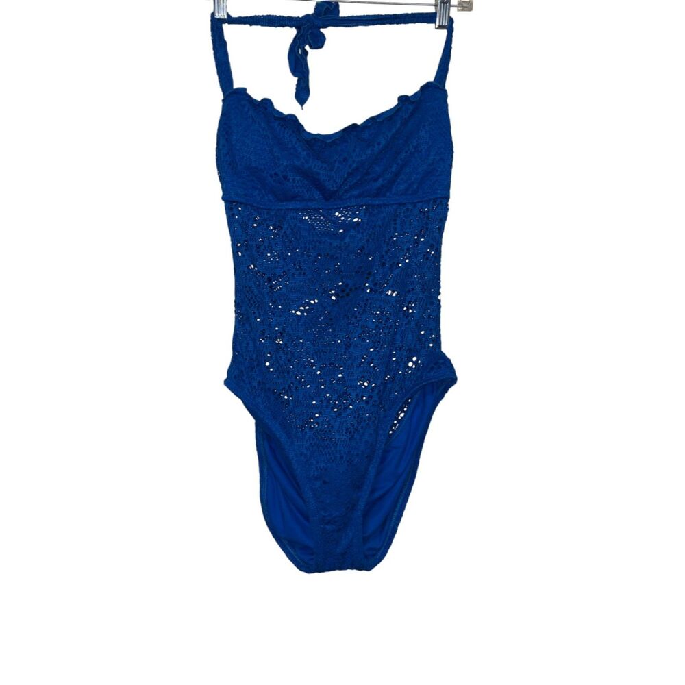 Blue Crochet One Piece Swimsuit Medium Halter Lace Bathing Suit Women's Swimwear